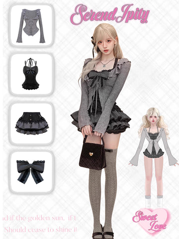 Serendipity Autumn Suit Black Lace Suspenders + Gray Knitted Cardigan + Short Skirt