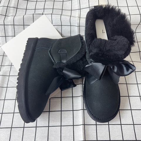 Sheepskin wool double ribbon bow snow boots