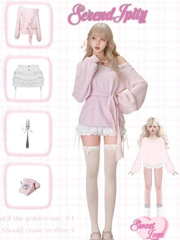 Autumn and winter pink long-sleeved knitted hooded cardigan + white cake pants skirt