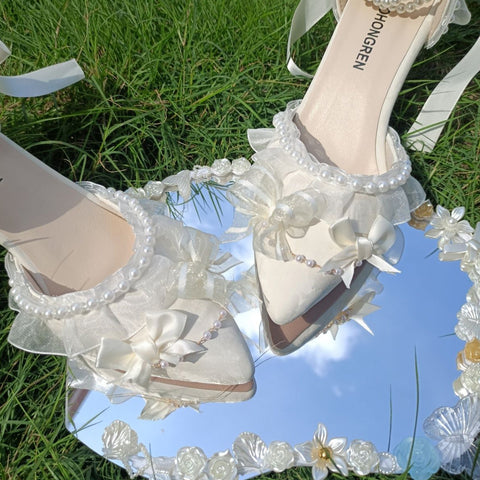 Wedding High-Heeled Shoes Thick-Heeled Bow Lolita Shoes Sandals Beige Gentle French Style - Jam Garden