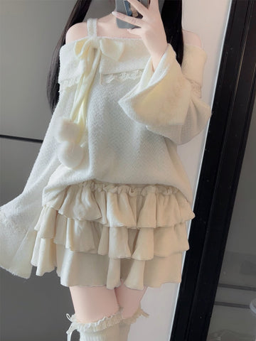 Original one-shoulder plush sweater bowknot suit