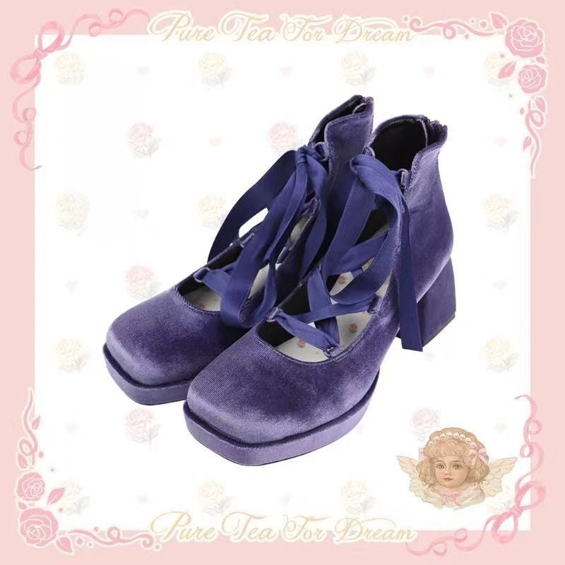 Sayo Oriko Lo Shoes Velvet Cross Straps Classic Square Toe Women'S Singles Shoes - Jam Garden