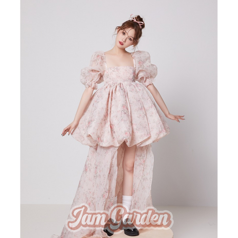 Retro Color Sweet Sweet Front Short Back Long Disney Princess Dress Puff Sleeve Dress Tutu Skirt Summer - Jam Garden