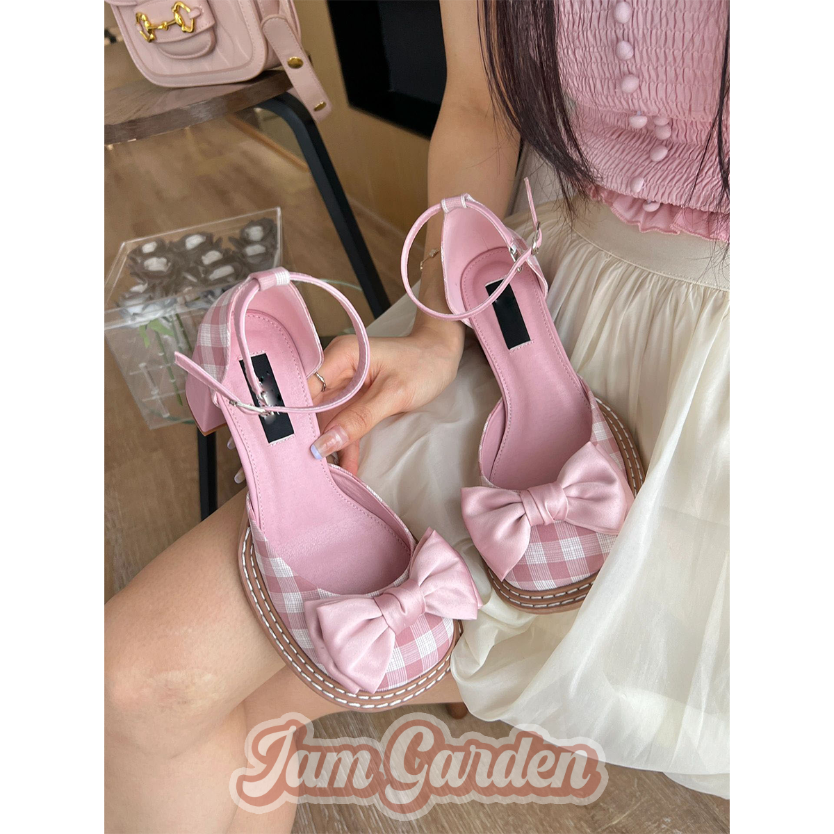 Barbie Doll Sandals Summer Bow Thick Heel High Heels One Word Belt Single Shoes With Skirt - Jam Garden