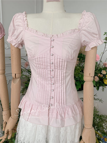 Sweet ballet girl vintage doll-like square collar back tie shirt top