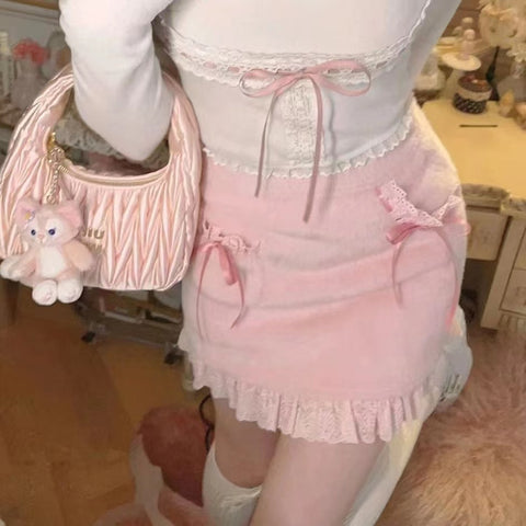 Sweet Plush Lace Lace Skirt Bow Top Set