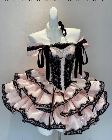 Pink ballet style lace suspender skirt