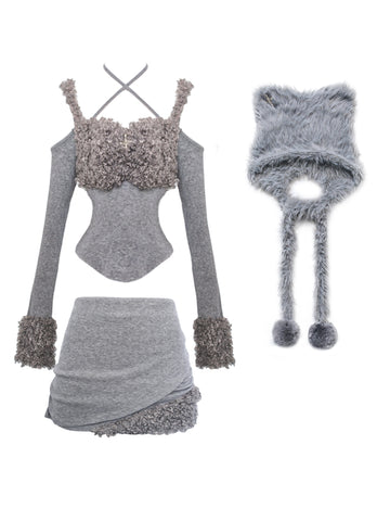 Women's autumn and winter grey woolen top suit