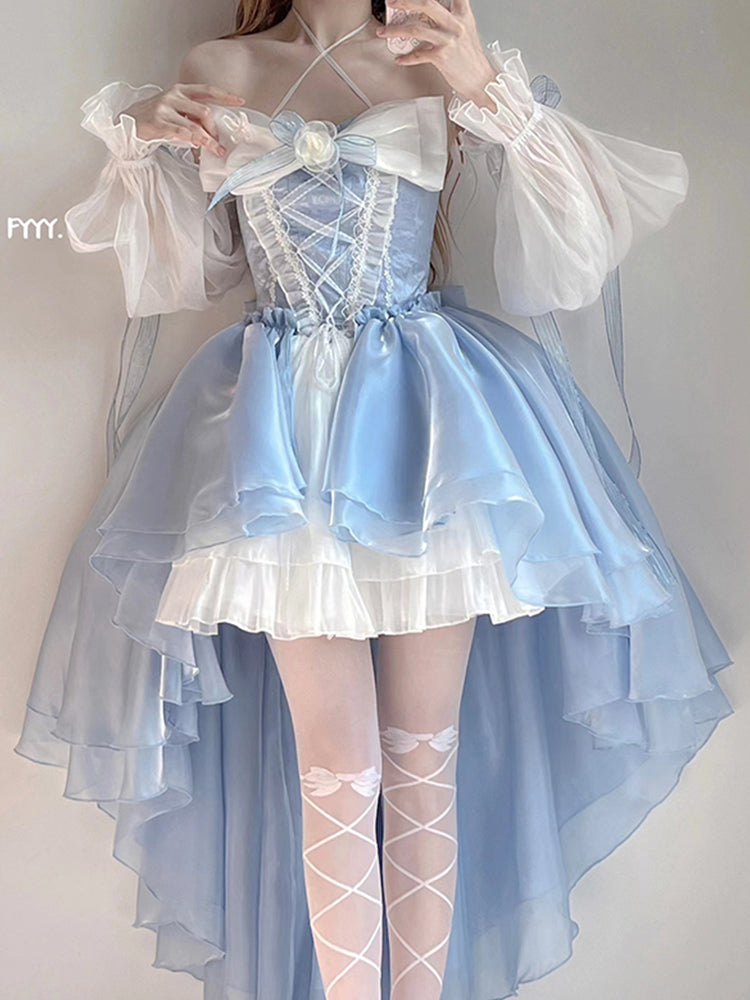Blue Lolita Dress Flower Wedding Tail Princess Dress - Jam Garden
