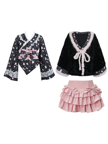 Japanese style top + cape + bow waist + cake skirt