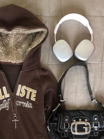 Original coffee color letter plus velvet hooded sweatshirt