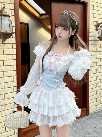 Sweet and pure princess style bow cake skirt suit