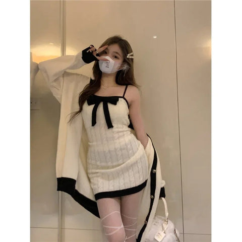 Bow Knitted Suspender Dress Set