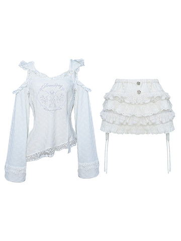 Angel Island Autumn Loose Hooded White Lace Sweater Top + White Cake Pants Skirt