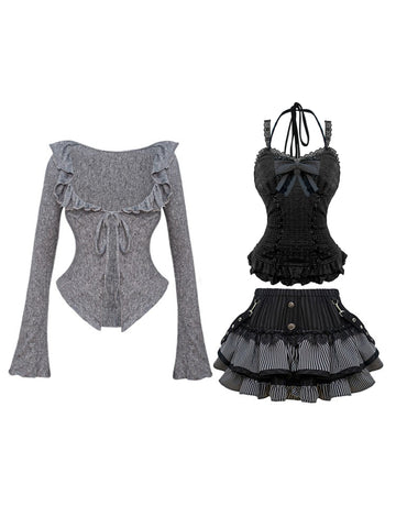 Serendipity Autumn Suit Black Lace Suspenders + Gray Knitted Cardigan + Short Skirt