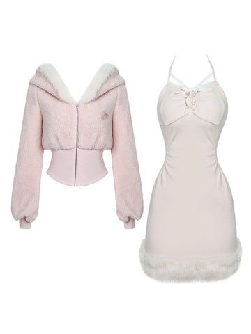 Winter lamb wool coat top + pink dress for women