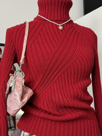 Original red turtleneck knitted bottoming shirt