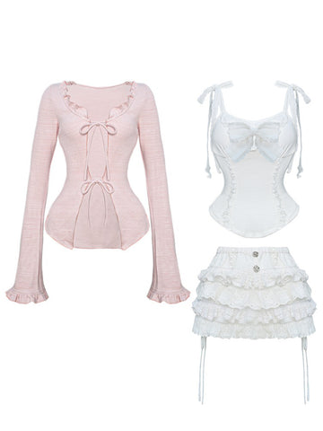 Sakura Girl Autumn New Style Suit Suspenders + White Cake Skirt + Pink Slim Cardigan