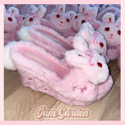 Rabbit Shoes Thick-Soled Slippers Lolita Showa Cute Harajuku Original Handmade Deep Powder - Jam Garden