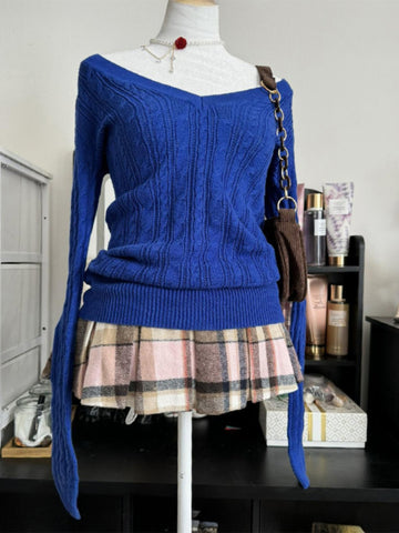 Original Klein Blue V-neck Cable Knit Sweater