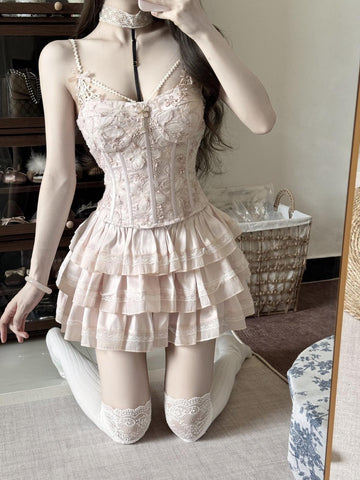 Fishbone bra suspenders pink lace cake skirt early autumn suit