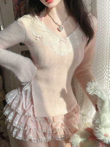 Bobon21 Winter Sweet Fluffy Knitted Lace Slit Sweater