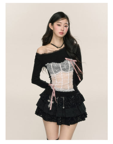 Women's autumn and winter slightly transparent lace off-shoulder T-shirt