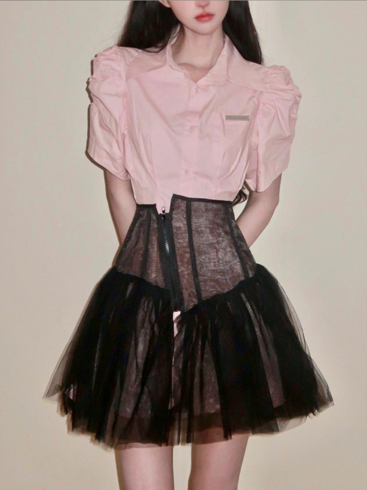 Pink Puff Sleeve Shirt Dress Mesh Tutu Skirt Set - Jam Garden