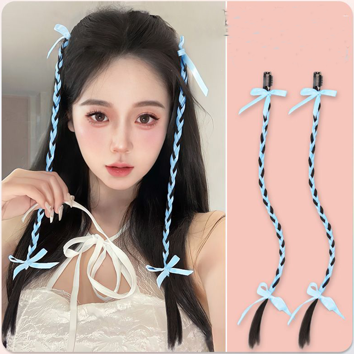 Wig Braid Simulation Hair Ribbon Tied Hair Sweet Cool Ballet Style Boxing Braid Bowknot Double Ponytail - Jam Garden