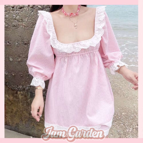 Sweet Pink Moonlight Spring And Summer French Retro Lace Holiday Dress With Generous Collar - Jam Garden