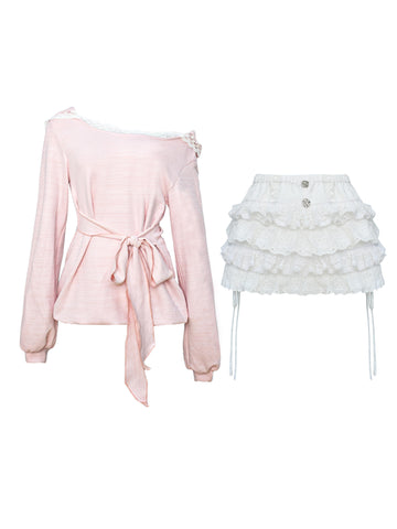 Autumn and winter pink long-sleeved knitted hooded cardigan + white cake pants skirt