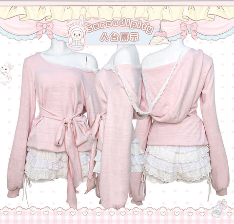 Autumn and winter pink long-sleeved knitted hooded cardigan + white cake pants skirt