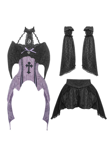 Pumpkin Pants + Bat Trumpet Sleeves + Purple Bat Corset