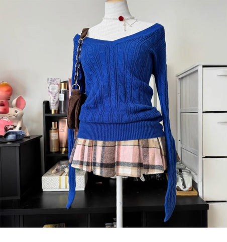 Original Klein Blue V-neck Cable Knit Sweater