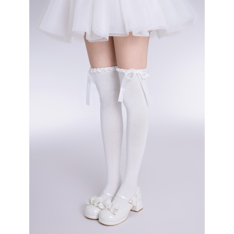 White Knee Socks Velvet Bow Lace High Socks Pure Lust Japanese Jk Thigh Socks - Jam Garden