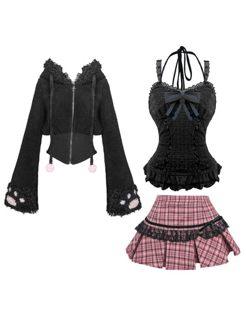 Short lamb wool coat + pink plaid pleated skirt + black lace sling