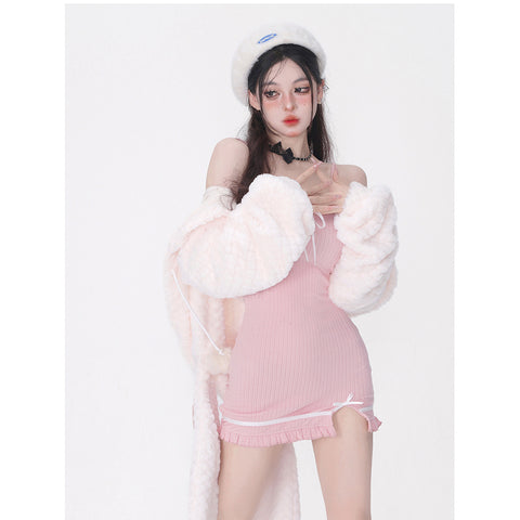 Pink Rabbit Ear Suit Women Bag Hip Slim Dress Autumn And Winter New Vest Jacket - Jam Garden