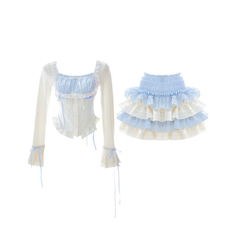 [Bai Xue Lian Ji] Blue And White Top + Skirt - Jam Garden