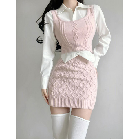 Korean Niche Shirt Layered Sweater Vest + Hip Skirt Suit Three-Piece Set - Jam Garden