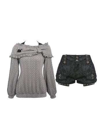 Winter one-shoulder knitted sweater + short leopard print shorts for women