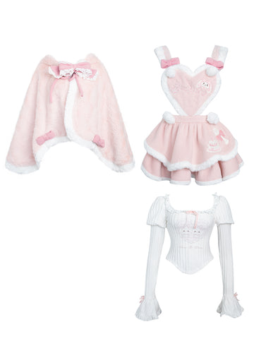 Strawberry curly suspender cake skirt + white sweater + plush rabbit ear cape