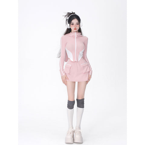 Pink Sports And Leisure Suit Women's Autumn And Winter All-Match Hooded Jacket Design Skirt Pants - Jam Garden
