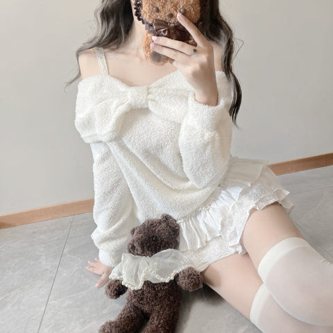 Loose Japanese Sweet Bowknot One Shoulder Sweater