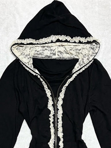 Original black lace splicing sweatshirt jacket for women autumn and winter