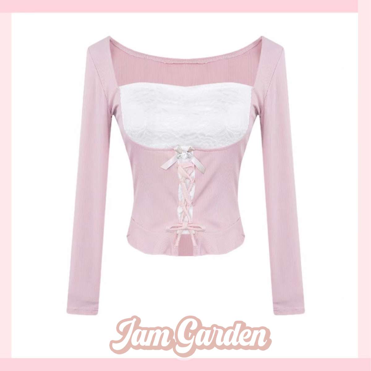 Lace Square Collar T-Shirt Pure Desire Long-Sleeved Inner Top Tight-Fitting Short Tie-Up Bottoming Shirt - Jam Garden
