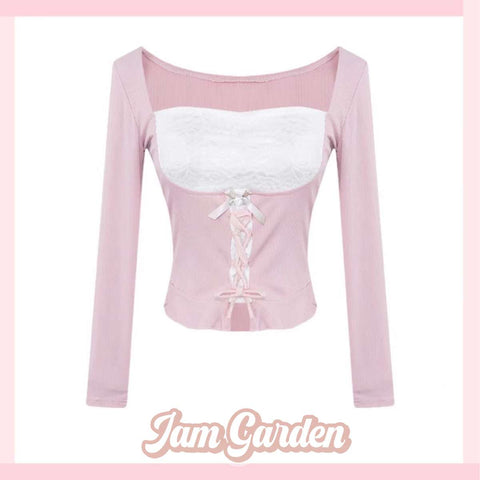 Lace Square Collar T-Shirt Pure Desire Long-Sleeved Inner Top Tight-Fitting Short Tie-Up Bottoming Shirt - Jam Garden