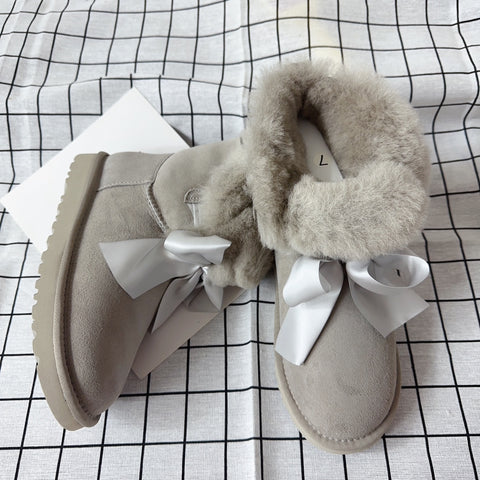 Sheepskin wool double ribbon bow snow boots