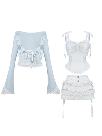 Serendipity Watercolor Bubble Autumn Milk Blue Knitted Cardigan + Bowknot Suspenders + White Cake Skirt