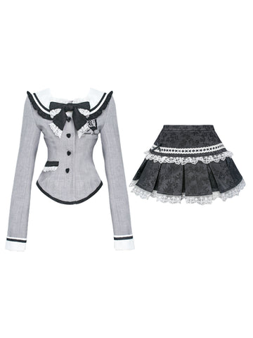 Pleated Skirt + Grey Sailor Collar Suit Jacket for Women