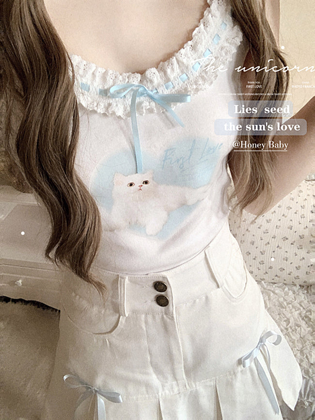 Original Cream Cat Retro Lace Sweet Girl Vest Base Layer Outer Wear Girly - Jam Garden